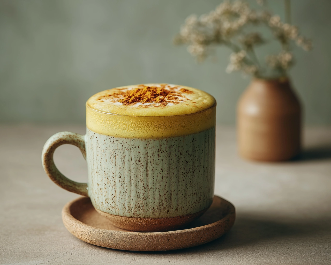 Raíz y polvo de cúrcuma con especias sobre una tabla de madera